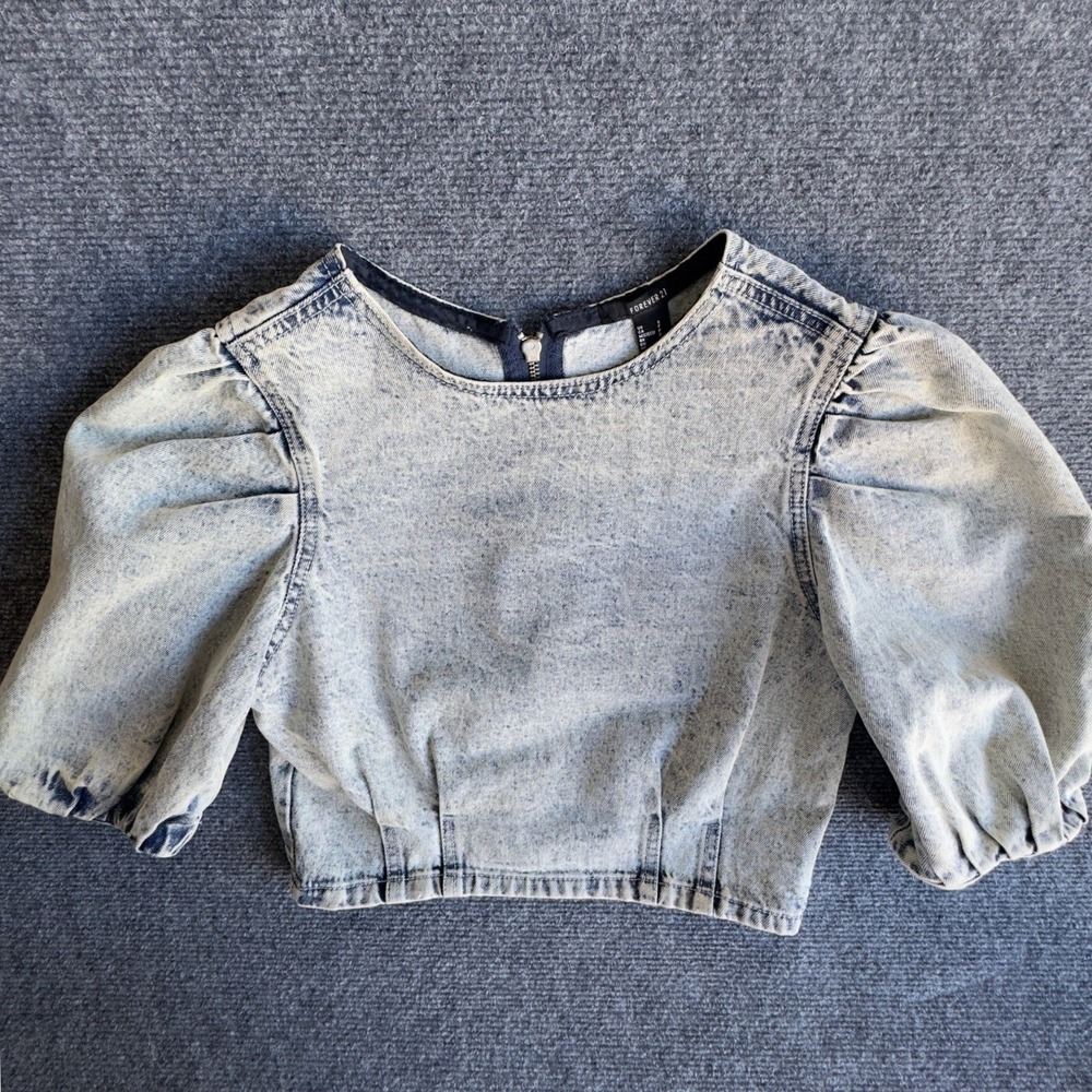 Forever 21 Denim Crop Top Acid Wash Puff Sleeve Retro 80s Grunge Size S